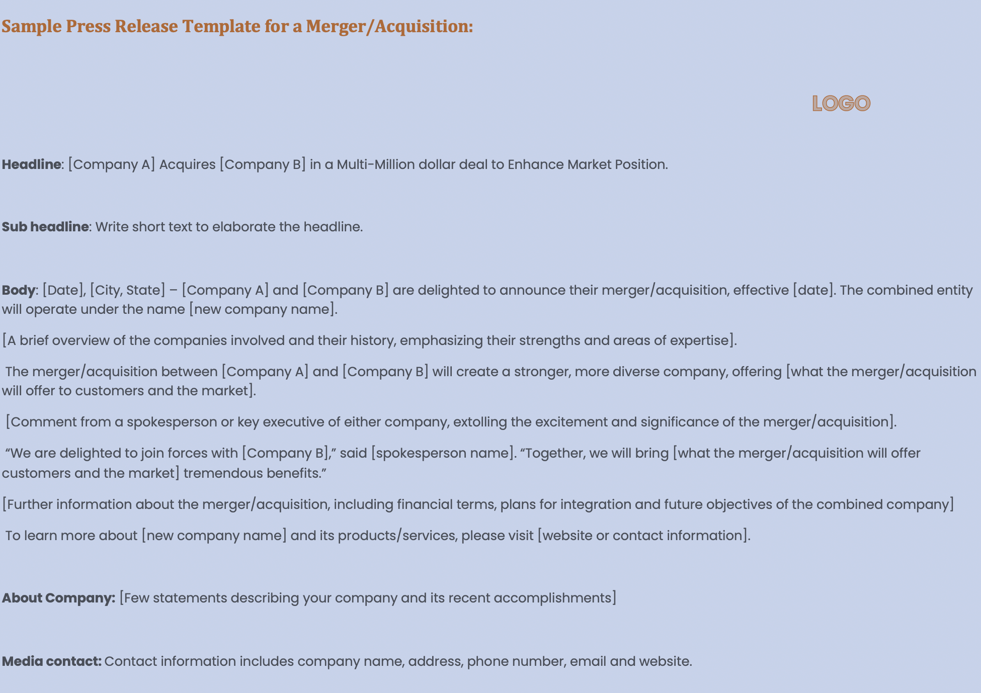 Press Release Template for a Merger/Acquisition