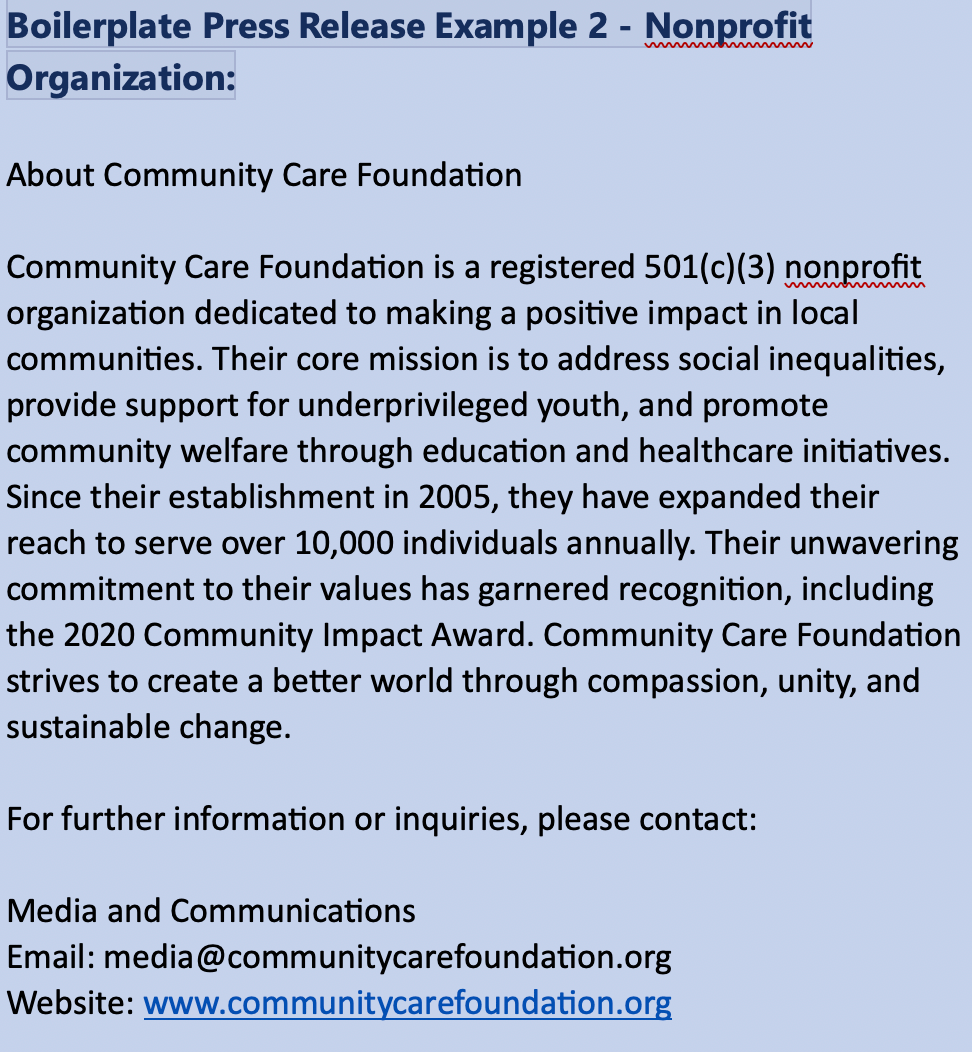 press release boilerplate example 2